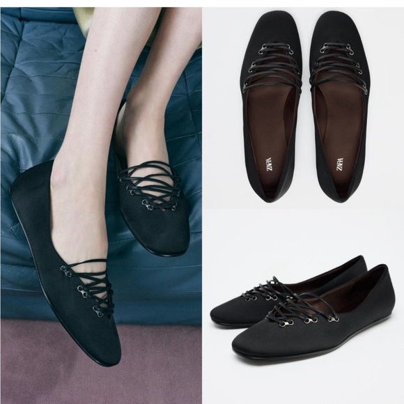Zara Women's satin effect Ballet Black Lace-Up Flats